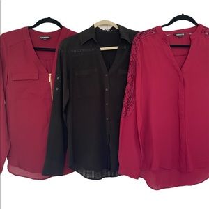 Lot Of  3 EXPRESS Top Blouse Shirts Mix Of Black Burgandy Long Sleeve Small